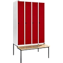 Kleiderspind mit Sitzbank, 4 Abteile, 300 mm Abteilbreite, Sicherheitsdrehriegelverschluss, lichtgrau/rot
