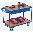 Leichter Tischwagen, Stahl/MDF-Platte, Enzianblau/Buche-Dekor, 2 Etagen, L 985 x B 605 mm, 2 Schubladen, TPE-Rollen mit EasySTOP, bis 250 kg