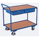 Leichter Tischwagen, Stahl/MDF-Platte, Enzianblau/Buche-Dekor, 2 Etagen, L 985 x B 605 mm, 2 Schubladen, TPE-Rollen mit EasySTOP, bis 250 kg