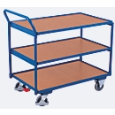 Leichter Tischwagen, Stahl/MDF-Platte, Enzianblau/Buche-Dekor, 3 Etagen, L 835 x B 505 mm, TPE-Rollen mit EasySTOP, bis 250 kg