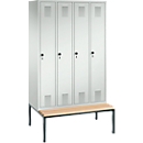 Locker Evolo S 3000, steel, with integrated bench, 4 pcs. each 300 mm wide, safety swivel latch, light grey RAL 7035/light grey RAL 7035