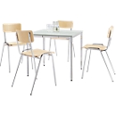 Lot économique de chaises empilables, bois de hêtre, dimensions de l'assise L 452 x P 500 x H 803 mm, 4 pièces + table de conférence, gris clair, L 800 x P 800 x H 720 mm