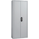 Magazinschrank, 1690 mm hoch, 9 Böden, 40 rote Kästen, mit Türen, hellsilber
