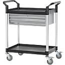 Mehrzweckwagen, 2 Schubladen, 4 TPR-Lenkrollen mit 2 Feststellern, 2 Etagen, L 680 x B 450 mm, Kunststoff/Aluminium, schwarz/alusilber 