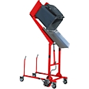 MKS waste container tipping station, for 120 and 240 l barrels, tipping height 1480 mm, tipping angle 135°, up to 110 kg, castors, foot pump, RAL 3000