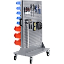 Mobile small parts magazine Schäfer Shop Select, can be loaded from 1 side, with perforated panel wall, without open fronted storage bins, W 900 x D 655 x H 1540 mm, steel, grey