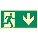 moedel Fluchtwegschild „Notausgang rechts Pfeil unten“, nach ISO 7010 E002, Aluminium 0,6 mm, langnachleuchtend, B 297 x H 148 mm