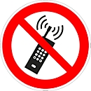 moedel Verbotszeichen „Eingeschaltete Mobiltelefone verboten“, nach ISO 7010 P013, Folie selbstklebend, Ø 200 mm
