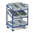 Order picking trolley Rollcart, for Euro containers, with 3 levels with open bottom, L820 x W 620 x H 1350 mm, load capacity 200 kg, supplied with 6 Euro containers