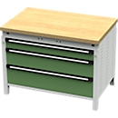 Otto Kind Breitfachwerkbank Typ 410, Buche Multiplexplatte, bis 1.200 kg, B 1152 x T 750 x H 850 mm, Stahl, Zentralverschluss, lichtgrau/resedagrün