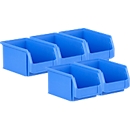 Pack ahorro de 5 cajas de abertura frontal SSI Schäfer LF221, PP, L 234 x An 150 x Al 122 mm, 2,7 l, empuñadura empotrada y ranuras, azul