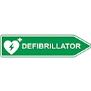 Panneau de signalisation de l'emplacement d'un défibrillateur DAE, en forme de flèche, indiquant la droite, luminescent, résistant aux intempéries, impression Dibond, L 600 x H 150 mm, vert/blanc