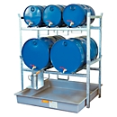 Porte-fûts type 800 variante 3 CEMO, avec support de fûts et bac de récupération, pour fûts de 2 x 200 I et 3 x 60 I, L 1410 x l 1280 x H 1620 mm
