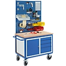 Profi workbench on castors, 1 cupboard, 4 drawers, 2 perforated modular panels, 1 grooved modular panel