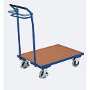 Push bar trolley, steel/MDF board, gentian blue/beech decor, L 800 x W 600 mm, tubular push handle, TPE castors with dead man's brake, up to 250 kg