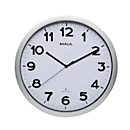 Radio-controlled wall clock Maul MAULstep, silver, for indoor use, black Arabic numerals, automatic time change, round, Ø 350 mm, plastic &amp; glass, with battery