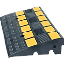 Rampe de trottoir, jusqu'à 40 t, antidérapante, bandes réfléchissantes, peut être utilisée comme pont de câbles, L 600 x l 360 x H 150 mm, caoutchouc dur, noir-jaune