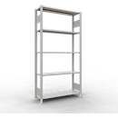 Rayonnage à emboîter MULTIplus150 - utilisable des 2 côtés - module de base - l. 1000 x P 300 x H 2000 mm - 5 étagères - capacité de charge par étagère 150 kg - renforcé par des traverses de longueur - acier - gris clair RAL 7035