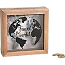 ROOST Sparkasse Travel the World, Spardose, Holzrahmen, Glasfront, entleerbar, 15 x 15 x 5 cm, braun