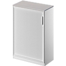 Schäfer Shop Genius Armoire à rideau coulissant transversal TETRIS SOLID, 3 HC, l. 800 mm, avec plateau de finition de 19 mm, gris clair/alu blanc/alu blanc
