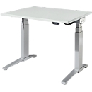 Schäfer Shop Genius desk ERGOSTYLE S, rectangular, electrically height-adjustable, two-stage, C-foot, W 1200 x D 800 x H 635-1305 mm, incl. Memory Master, light gray/white aluminum