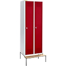 Schäfer Shop Genius Kledinglocker met zitbank, 2 compartimenten, 300 mm compartimentbreedte, veiligheidsdraaigrendelslot, lichtgrijs/robijnrood