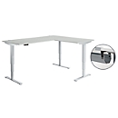 Schäfer Shop Genius Winkelschreibtisch AERO FLEX, elektrisch höhenverstellbar, 90° Winkel, C-Fuß, B 2000 x T 1600 mm, lichtgrau/weißaluminium, Memorypanel + Kabelkanal