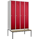 Schäfer Shop Select armario ropero, 4 compartimentos de 300 mm de ancho cada uno, cerradura de pestillo giratorio, con banco, puerta rojo rubí