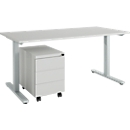 Schäfer Shop Select Desk with file cabinet on castors, T-leg, steel, light grey, wooden board W 1600 x D 800 x H 735 mm, 3 drawers