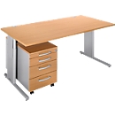 Schäfer Shop Select Ensemble de mobilier de bureau COMBITEC en 2 parties, bureau, L 1600 mm, hêtre/alu blanc + caisson à roulettes 1233