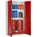 Schäfer Shop Select hazardous materials cabinet, for oil etc., 2 x 60 l drums and 8 x 20 l canisters, external dimensions W 1055 x D 520 x H 1950 mm, light grey/ruby red