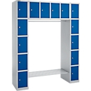 Schäfer Shop Select Locker, 2 columns and overhead locker, 2 x 5 + 4 lockable compartments, clothes rail, thin sheet metal, aluminium white/gentian blue