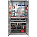 Schäfer Shop Select Materialschrank MSI 2409, mit Lochrasterwänden auf halber Höhe, mit 3 Fachböden & 2 Schubläden, B 950 x T 400 x H 1935 mm, weißaluminium