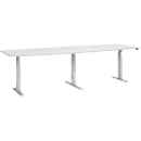 Schäfer Shop Select Mesa de reuniones, ajustable en altura eléctr., forma de tonel, pata en T, An 2800 x P 800/1000 x Al 640-1300 mm, gris luminoso/aluminio blanco