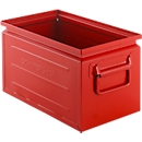 Schäfer Shop Select Stapelbox, Volumen 13,4 l, 80 kg, Faltgriffe, L 379 x B 207 x H 200 mm, Stahlblech, rot RAL 3000