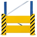 Schulte Lagertechnik impact protection wall for double pallet racks, H 400 mm, for rack depth 1100 + 200 + 1100 mm, yellow/black