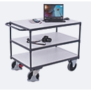 Schwerer ESD-Tischwagen, Stahl/Spanplatte, Graphitgrau/Lichtgrau, 3 Etagen, L 850 x B 500 mm, TPE-Rollen mit EasySTOP, bis 400 kg