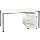 Set avantageux : bureau NEVADA - L 1600 mm - piétement rond aluminium - blanc + caisson mobile blanc