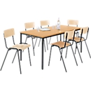 Set de 6 chaises en bois et 1 table 1600 x 800 mm, hêtre, piétement des chaises en marron et de la table en brun 