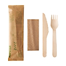 Set de couverts jetables Papstar Pure, couteau, fourchette et serviette, biodégradable, bois de bouleau certifié FSC®, 50 pièces dans un sac en papier.