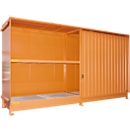 Shelf container Bauer type CEN 59-2 IBC, 2 shelf levels, sliding door, 2000 l, W 6255 x D 1550 x H 3450 mm, yellow-orange RAL 2000