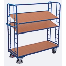 Shelf trucks, steel/MDF board, gentian blue/beech decor, 3 shelves, 1355 x 550 mm, end panels with round steel bracing, EasySTOP, up to 250 kg