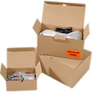 Shipping boxes with automatic bottom, inner dimensions L 305 x W 215 x H 135 mm, 100 pieces + 250 delivery note pockets DEBATEC, DIN long, window & print, red