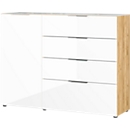 Sideboard, mit 4 Schubladen und 1 Tür, Glasfront- und auflage, B 1340 x T 420 x H 1020 mm, Navarra-Eiche/weiß
