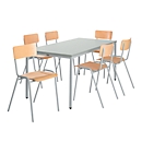 Sparset Stapelstühle, Buchenholz, Gestell lichtgrau B 450 x T 520 x H 770 mm, 6 Stück + Tisch, Buche-Natur, Gestell lichtgrau, L 1600 x B 800 x H 720 mm