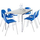 Sparset Stapelstuhl BETA, Bezug blau, Sitzmaße B 400 x T 420 x H 460 mm, 6 Stück + Konferenztisch, B 1600 x T 800 mm, lichtgrau
