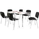 Sparset Stapelstuhl ISO Basic, Bezugsstoff schwarz, Sitzmaße B 475 x T 415 x H 470 mm, 6 Stück + Konferenztisch, weiß, B 1600 x T 800 mm