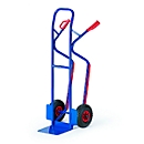 Stacker truck with skid for sliding on stairs, large shovel, pneumatic wheels