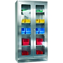 Stainless steel display cabinet, 2 doors, with plinth, W 1000 x D 400 x H 1950 mm