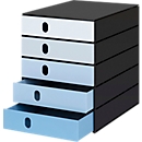 Styro Styroval Pro Color Flow drawer box, for formats up to C4, 5 closed drawers, 100 % recycled polystyrene, blue/black, color gradient